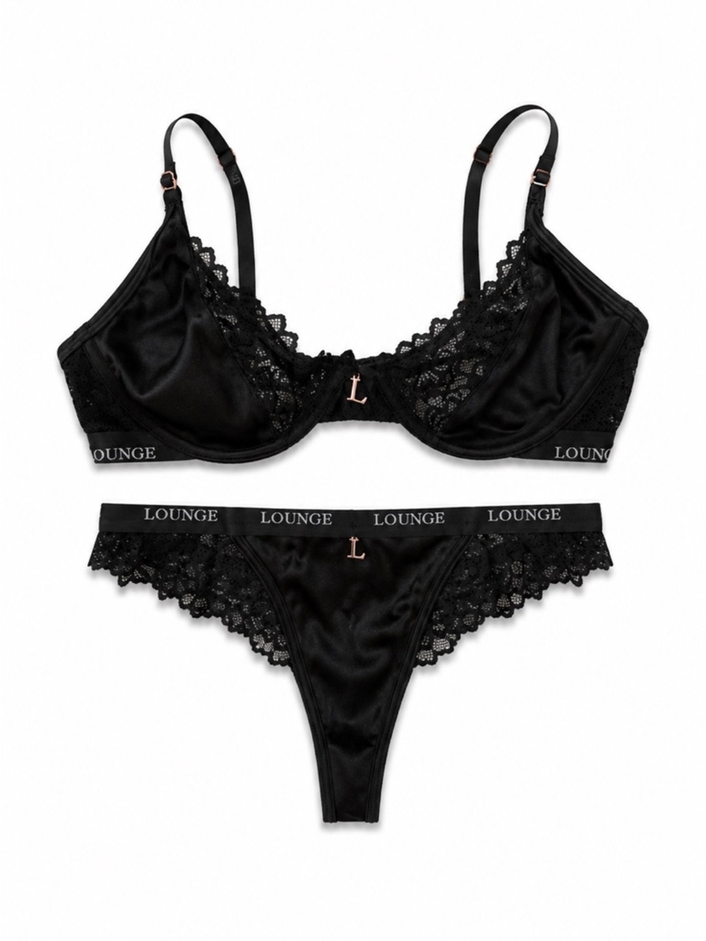NWOT Loungewear Matching Set, Black Silk Balcony Bra (34C) & Thong (XS)